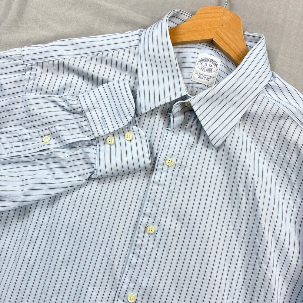 Brooks Brothers Dress Shirt 16 33 Blue Striped Egyptian Cotton USA Button Up